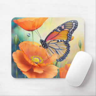 Butterflies and Orange Poppies Botanical Mouse Pad