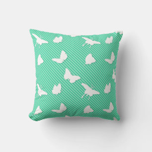 Butterflies and pinstripes - white on aqua throw pillow