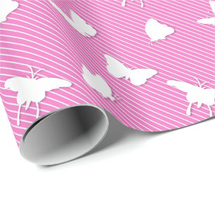 Butterflies and pinstripes - white on azalea pink wrapping paper