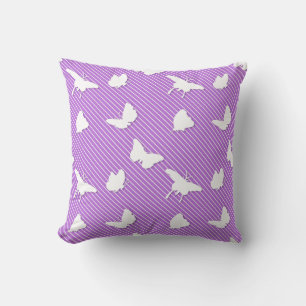 Butterflies and pinstripes - white on lavender throw pillow