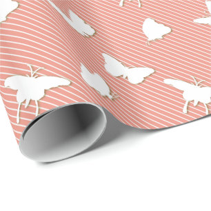 Butterflies and pinstripes - white on peach wrapping paper