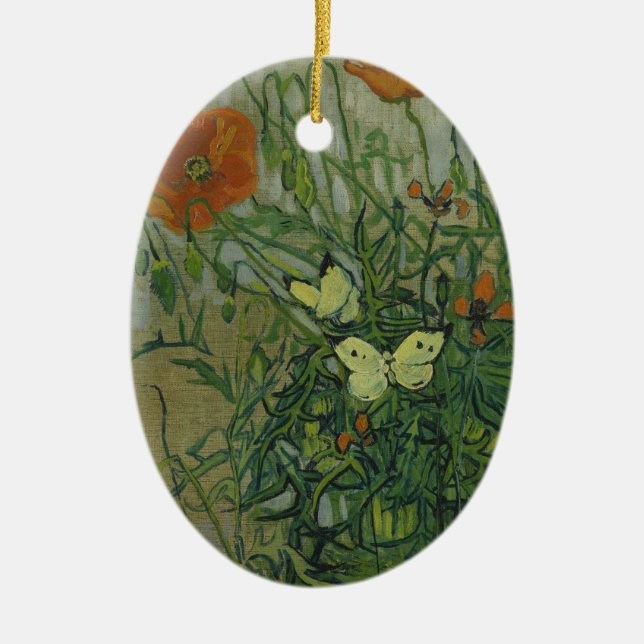 Butterflies and Poppies by Vincent van Gogh Ceramic Ornament (Front)
