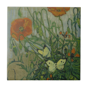 Butterflies and Poppies by Vincent van Gogh Tile