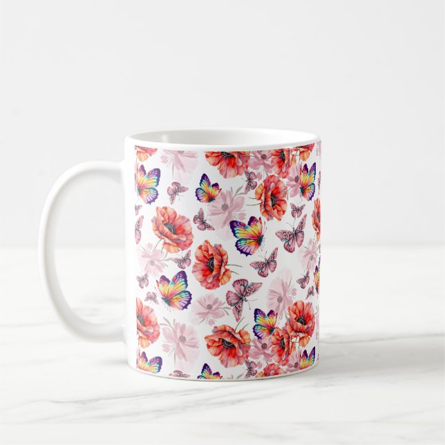 Butterflies and Poppy Flowers Coffee Mug (Left)