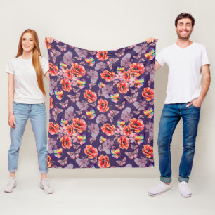 Butterflies and Poppy Flowers Fleece Blanket