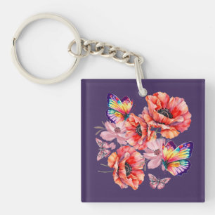 Butterflies and Poppy Flowers Keychain