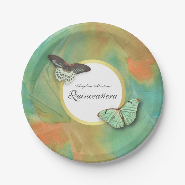 Butterflies and Southwest Colours Quinceanera Paper Plate (Front)