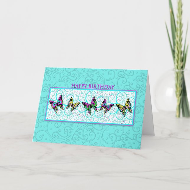 BUTTERFLIES AND SWIRLS BIRTHDAY GREETING CARD (Front)