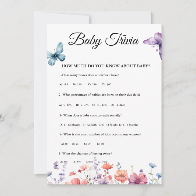 Butterflies Baby trivia Baby shower game Card (Front)