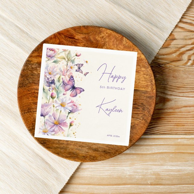 Butterflies birthday lavender purple printed napkin (Butterflies birthday party  lavender purple flowers enchanted garden personalized printed napkins )