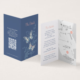 Butterflies blue coral wedding details map QR