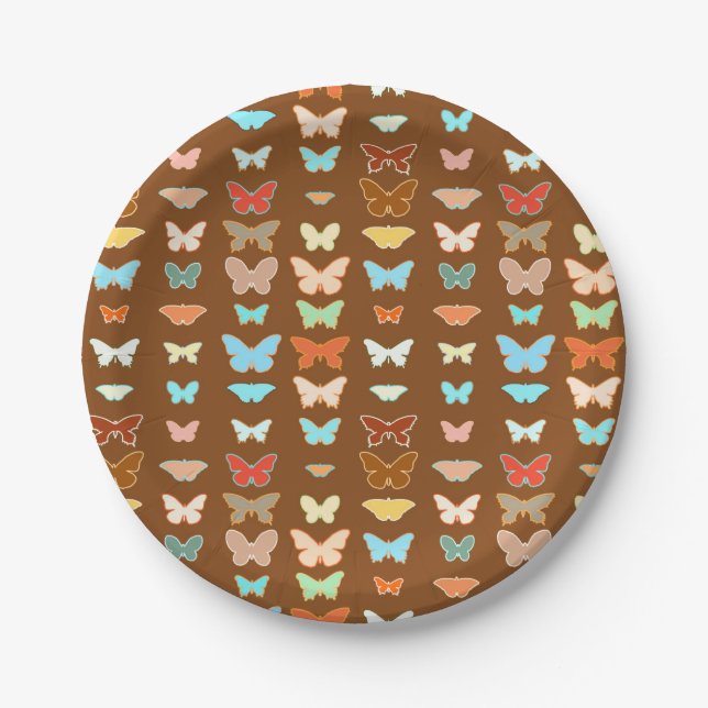 Butterflies, brown, turquoise and coral paper plate (Front)