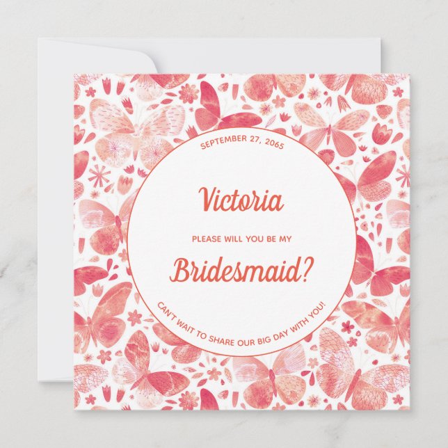 Butterflies Coral Pink Be My Bridesmaid Invitation (Front)