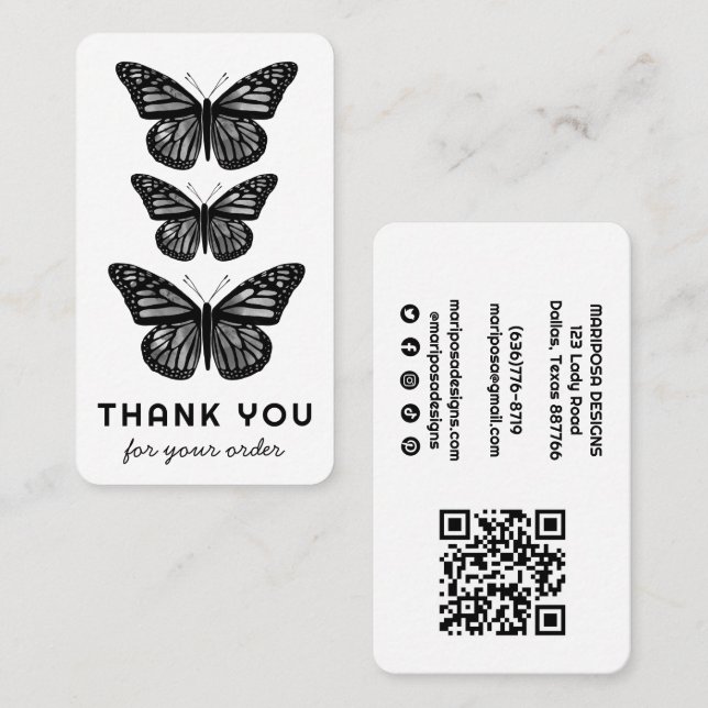 Butterflies Customer Order Thank You QR Code B&W Business Card (Front/Back)