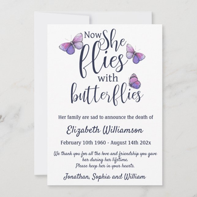 Butterflies Death Announcement Funeral Arrangement (Front)