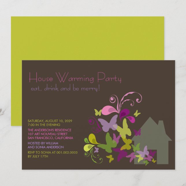 Butterflies & Deco Leaves House Warming Party Invitation (Front/Back)