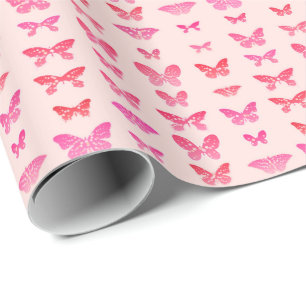 Butterflies, deep pink, pale pink background wrapping paper