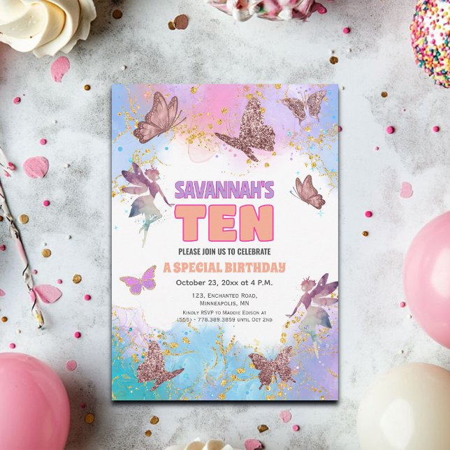 Butterflies Fairy Gold Glitter 10th Birthday Party Invitation (Creator Uploaded)