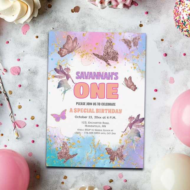 Butterflies Fairy Gold Glitter 1st Birthday Party Invitation (Creator Uploaded)