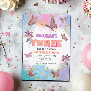 Butterflies Fairy Gold Glitter 3rd Birthday Party Invitation