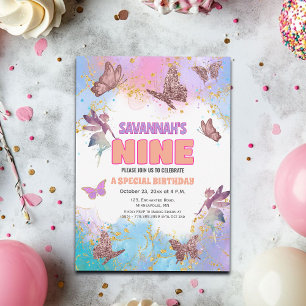 Butterflies Fairy Gold Glitter 9th Birthday Party Invitation