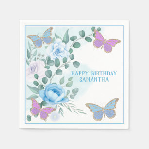 Butterflies Floral Blue Purple Gold Birthday Napkin