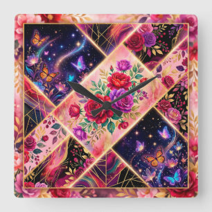 Butterflies, Floral Dreams & Golden Elegance Square Wall Clock