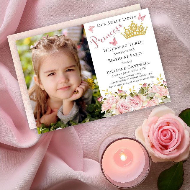 Butterflies Floral Princess Photo 3rd Birthday Invitation (Butterflies Floral "Our Sweet Little  Princess Is Turning Three" Photo 3rd Birthday Party Invitation)