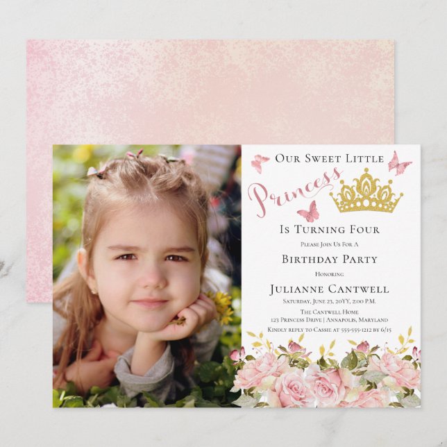 Butterflies Floral Princess Photo 4th Birthday Invitation (Front/Back)