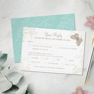 Butterflies floral swirl aqua cream brown wedding RSVP card