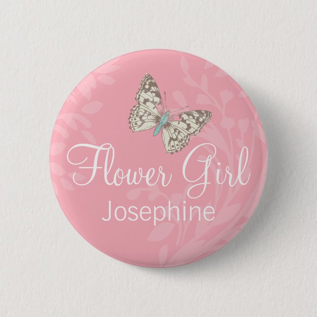 Butterflies Flower girl pink wedding pin / button (Front)