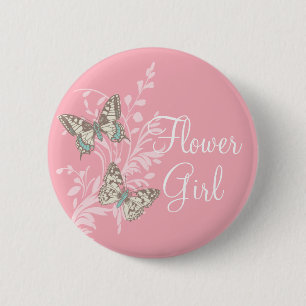 Butterflies flower girl pink wedding pin / button