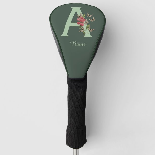 Butterflies Flower Monogram Initial A Personalized Golf Head Cover (Front)