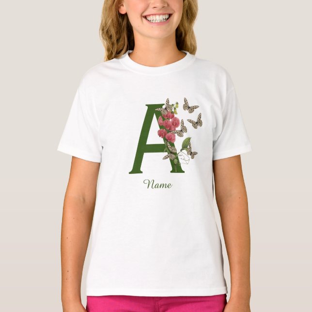 Butterflies Flower Monogram Initial A Personalized T-Shirt (Front)