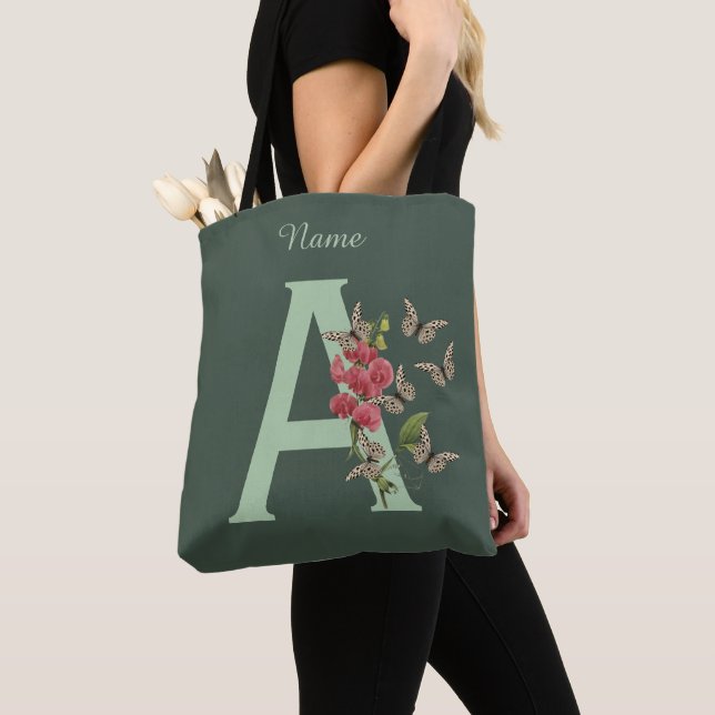 Butterflies Flower Monogram Initial A Personalized Tote Bag (Close Up)