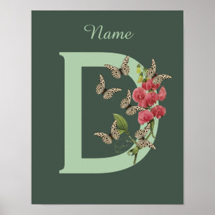 Butterflies Flower Monogram Initial D Name  Poster