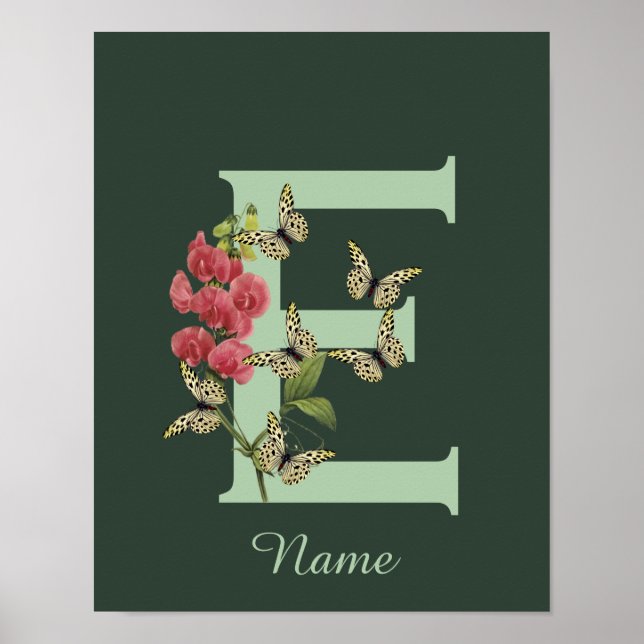 Butterflies Flower Monogram Initial E Personalized Poster (Front)