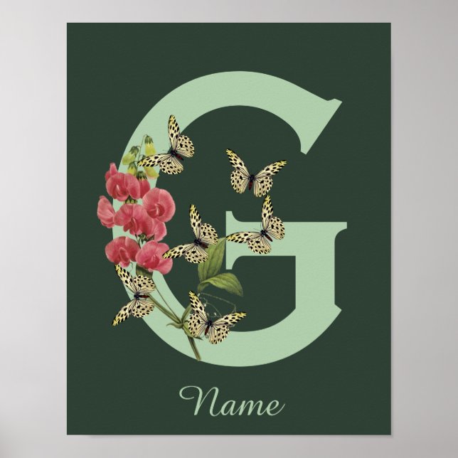 Butterflies Flower Monogram Initial G Personalized Poster (Front)