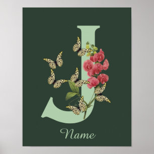 Butterflies Flower Monogram Initial J Personalized Poster