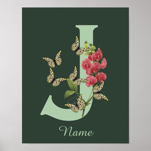 Butterflies Flower Monogram Initial J Personalized Poster (Front)