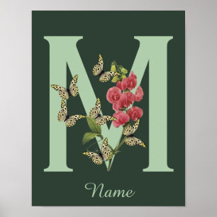 Butterflies Flower Monogram Initial M Personalized Poster