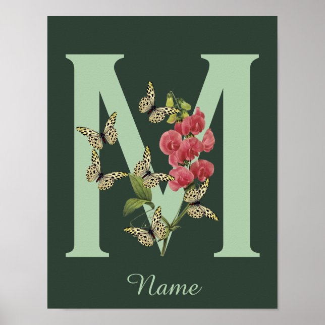 Butterflies Flower Monogram Initial M Personalized Poster (Front)
