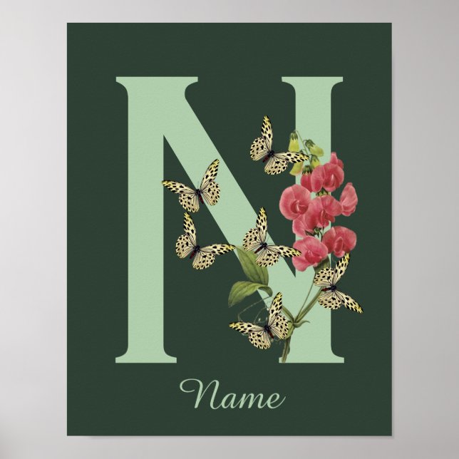 Butterflies Flower Monogram Initial N Personalized Poster (Front)