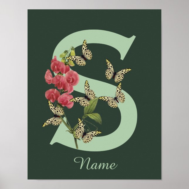 Butterflies Flower Monogram Initial S Personalized Poster (Front)