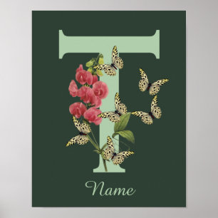 Butterflies Flower Monogram Initial T Personalized Poster