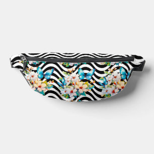 Butterflies Flowers Black & White Wavy Stripes Fanny Pack