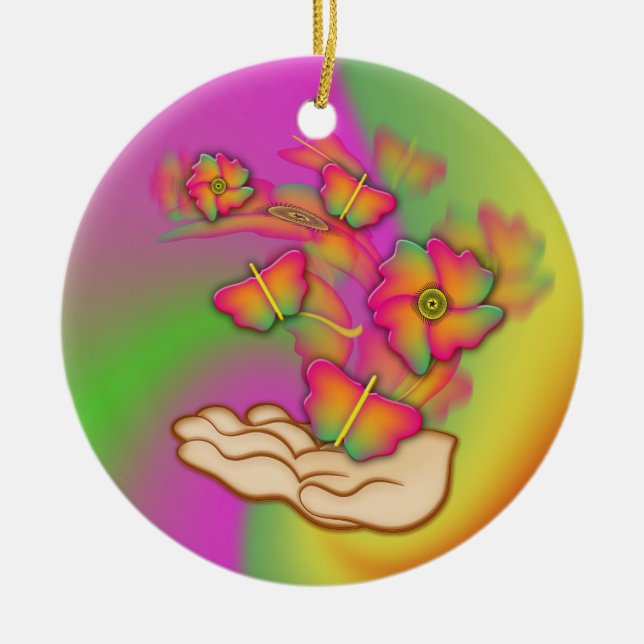 Butterflies & Flowers Ceramic Ornament (Front)