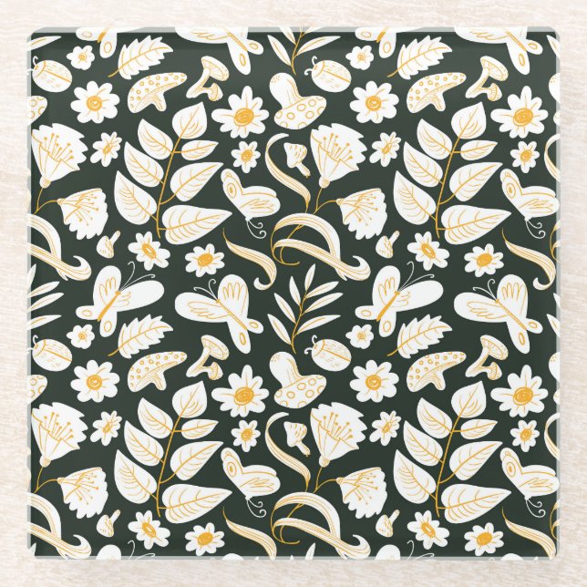 Butterflies & Flowers: Doodle Summer Pattern. Glass Coaster (Front)