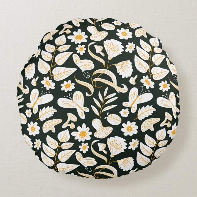 Butterflies & Flowers: Doodle Summer Pattern. Round Pillow (Front)