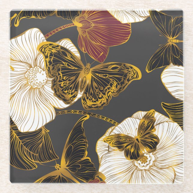 Butterflies & Flowers: Spring Boho Pattern Glass Coaster (Front)